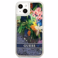 Guess GUHCP13SLFLSB iPhone 13 mini 5.4" zils cietais apvalks ziedu šķidrs spīdums