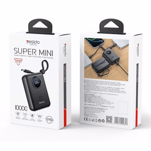 YESIDO POWERBANK YP64 10000mAh 22,5W LED USB-A+C + USB-C/LIGHTNING KABELIS melns