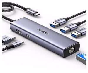 Ugreen CM512 15598 6in1 sadalītājs USB-C - 3x USB-A 3.0 / HDMI / RJ45 / USB-C PD - pelēks
