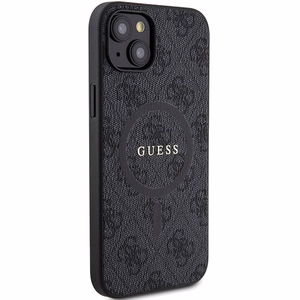 Guess 4G Collection Ādas Metāla Logo Magnētiskais viedtālruņa apvalks iPhone 15/14/13 - melna