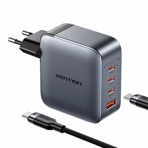 Vention strāvas lādētājs 3x USB-C, 1x USB-A (100W/100W/30W/30W) (pelēks) ar USB-C uz USB-C kabeli (1m) (melns)