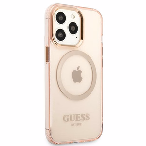 Guess GUHMP13LHTCMP iPhone 13 Pro / 13 6.1" rozā/rozā cietais viedtālruņa apvalks ar zelta kontūru, caurspīdīgs Magnētiskais MagSafe