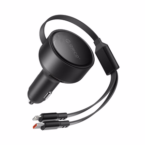 Orico Dual Stretch 60W USB-C auto lādētājs ar diviem izvelkamiem USB-C + Lightning kabeļiem - melns