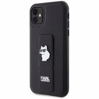 Karl Lagerfeld Gripstand Saffiano Choupette Pins viedtālruņa apvalks iPhone 11 / Xr - melns