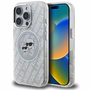 Karl Lagerfeld IML Glitter Karl & Choupette Heads Logo MagSafe maciņš iPhone 16 Pro Max - pelēks