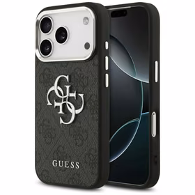 GUESS viedtālruņa apvalks IPHONE 17 Pro GUHCP17LP4G4SMCK (4G PU ādas apvalks ar lielu 4G un klasisko logotipu un sudraba metāla kameras rāmi) melns
