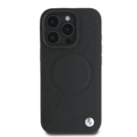 BMW Signature Ādas Pus Teksturēts & Apļa MagSafe Apvalks iPhone 16 Pro - Melns
