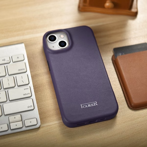 iCarer CE Premium ādas folio viedtālruņa apvalks iPhone 14 Plus magnētiskais atveramais ādas folio apvalks MagSafe tumši violeta