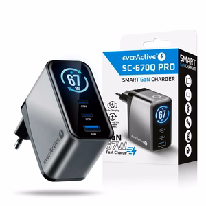 everActive GaN 67W – 67 W GaN tīkla lādētājs ar 1× USB-A un 2× USB-C, Quick Charge 4+, melns