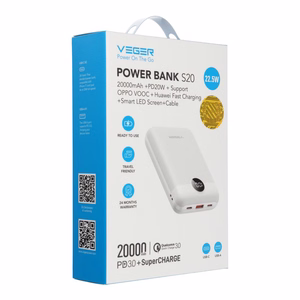 Portatīvais lādētājs Veger S20 (W2081) PD QC3.0 2A 22,5W 20000 mAh balts