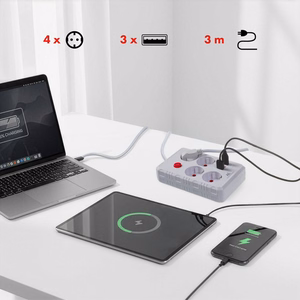 Maclean MCE393 W – power strip, 4 sockets + 3×USB, 110–240 V AC, 50/60 Hz, 2.1 A, up to 2500 W, 3 m, white