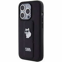 Karl Lagerfeld Gripstand Saffiano Choupette Pins viedtālruņa apvalks iPhone 14 Pro Max - melns