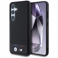 BMW ādas MagSafe viedtālruņa apvalks ar trīskrāsu svītru Samsung Galaxy S25 – melns