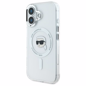 Karl Lagerfeld IML Metal Karl Head Magnētiskais iPhone 16 Plus viedtālruņa apvalks - balts