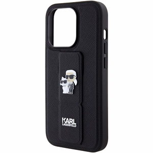 Karl Lagerfeld viedtālruņa apvalks ar statīvu Gripstand Saffiano Karl&Choupette Pins iPhone 15 Pro - melns