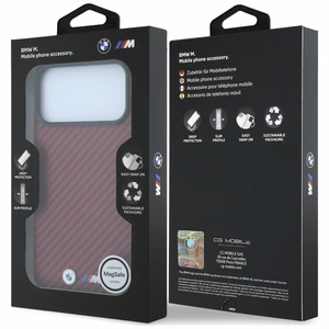 BMW aizsargvāciņš ierīcei iPhone 18 Pro / 17 Pro: (Carbon Metal Logo), saderīgs ar MagSafe, krāsa – bordo