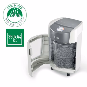Leitz IQ OptiMax Small Office 350 – P-5 mikrogriezuma dokumentu smalcinātājs, 22 l, balts (83590000)