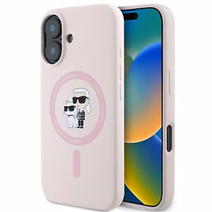 Karl Lagerfeld silikona magnētiskais viedtālruņa apvalks iPhone 16 Plus ar Karl & Choupette galvu gredzenu - rozā