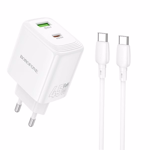 Borofone сетевое зарядное устройство BN30 Cargador GaN - USB + Type C - QC 3.0 PD 45W с кабелем Type C - Type C белый