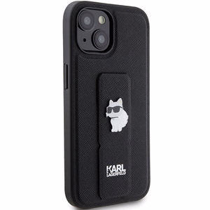 Karl Lagerfeld Gripstand Saffiano Choupette Pins viedtālruņa apvalks iPhone 15 - melns