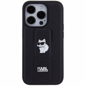 Karl Lagerfeld Gripstand Saffiano Choupette Pins viedtālruņa apvalks iPhone 14 Pro - melns