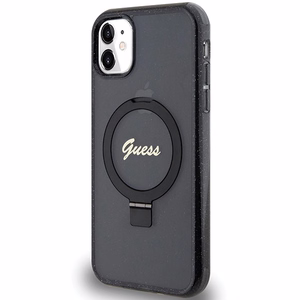Guess Ring Stand Script Glitter Magnētiskais viedtālruņa apvalks iPhone 11 / Xr - melns