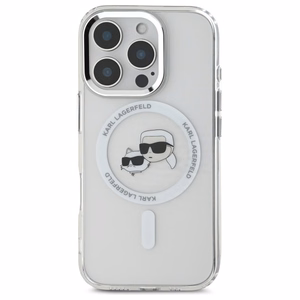 Karl Lagerfeld IML Metal Karl&Choupette Head magnētiskais viedtālruņa apvalks iPhone 16 Pro - balts