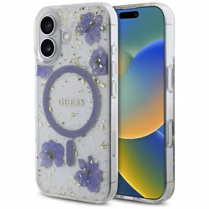 Guess Resin Flowers Glitter MagSafe iPhone 16 viedtālruņa apvalks (m) - violets