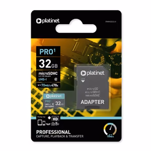Memory card Platinet MicroSD 32GB (class10 UHS-III 90MB/s) + SD adapteris