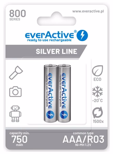 Uzlādējamas baterijas everActive Ni-MH R03 AAA 800 mAh Silver Line