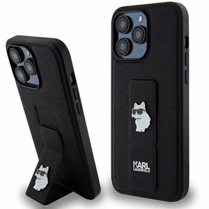 Karl Lagerfeld Gripstand Saffiano Choupette Pins viedtālruņa apvalks iPhone 13 Pro / 13 - melns