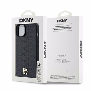 DKNY Ādas monogrammas raksta metāla logotips Magnētiskais viedtālruņa apvalks iPhone 15 Plus / 14 Plus - melna