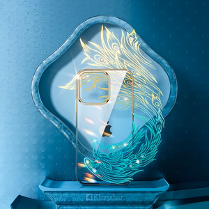 Luksusa iPhone 14 apvalks ar Kingxbar Phoenix kristāliem - zelta un zils