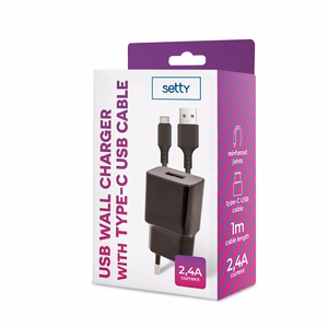 Setty lādētājs 1x USB 2,4A melns + USB-C kabelis 1,0 m JAUNS