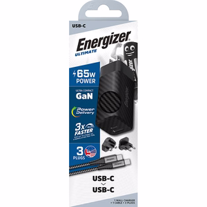 Energizer Ultimate A65MUC GaN ceļojumu sienas lādētājs ar EU / UK / US spraudņiem, USB-C + USB-A, 65 W PD, ar USB-C kabeli, melns