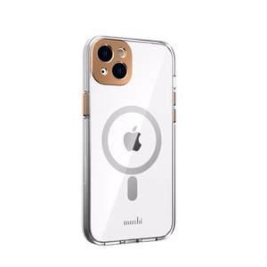 Moshi iGlaze vāciņš ierīcei iPhone 14 Plus, saderīgs ar MagSafe, caurspīdīgs ar “Sunset Gold” krāsas detaļām