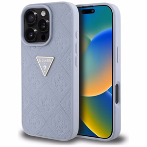 Guess Hot Stamp 4G Pattern Triangle Metal Logo viedtālruņa apvalks iPhone 16 Pro Max - violets