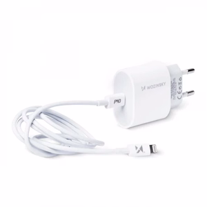 Lādētājs Wozinsky Quick Charge, balts PD 20W + Type-C / Lightning balts kabelis 100cm
