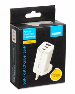 iBOX C-65 balts, GaN 65W universal charger UK plug