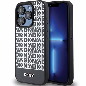 DKNY Ādas drukāts raksts metāla logotips Magnētiskais viedtālruņa apvalks iPhone 15 Pro - melna