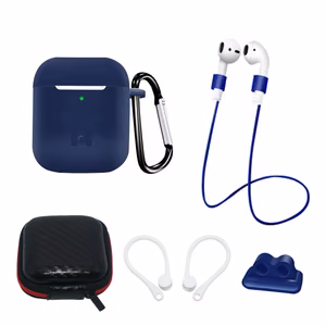 Komplekts: AirPods 2 / AirPods 1 silikona apvalks + apvalks / ausu āķis / kakla siksna / pulksteņa siksnas turētājs / karabīne - zila