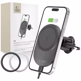 Tech-Protect MM15W-V1 automašīnas tālruņa turētājs ar MagSafe 15W indukcijas lādētāju, stiprināms pie gaisa ventilācijas - melns