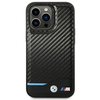 BMW BMHCP14L22NBCK iPhone 14 Pro 6.1 - melns ādas vāciņš ar oglekļa rakstu