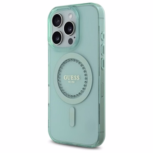 Guess IML Rhinestones Magnētiskais viedtālruņa apvalks iPhone 16 Pro - zaļš
