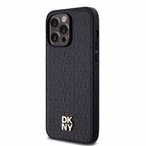 DKNY Ādas raksts metāla logotips MagSafe apvalks viedtālrunim iPhone 13 Pro Max - melns