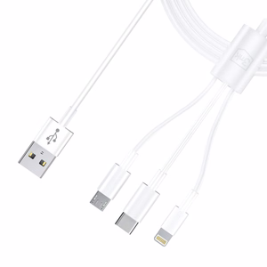 3mk 3-in-1 kabelis USB-A - microUSB / Lightning / USB-C 1.2m 20V/2.4A 15W, balts