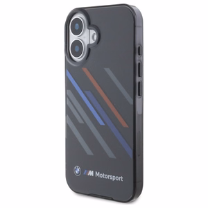 BMW Motosport IML nejaušas svītras iPhone 16 Plus apvalks - melns
