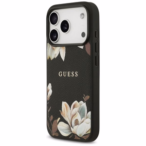 Guess Grained Flowers Classic Logo MagSafe viedtālruņa apvalks iPhone 17 Pro - melns (m)