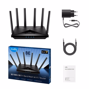 Cudy WR11000 bezvadu maršrutētājs 2.5 Gigabit Ethernet trīsjoslu (2.4 GHz / 5 GHz / 6 GHz) melns