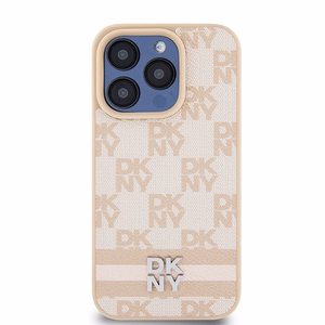 DKNY Ādas rūtainais mono raksts un drukātās svītras viedtālruņa apvalks iPhone 15 Pro - rozā